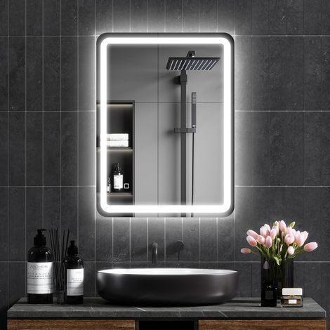 Specchio da bagno con luci LED 60x80 cm, specchio da parete antiappannamento con 3 temperature di colore regolabili e funzione memoria. (1/5)