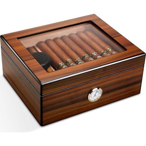 Humidor en Verre Artisanal boîte de Rangement de Bureau en Bois de cèdre avec diviseur, humidificateur et hygromètre, Brun
