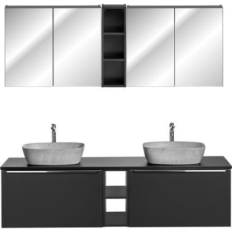 Ensemble meuble double vasques à poser + cabinets miroirs + 2 éléments - 180 cm - Rosario Black - Livraison gratuite