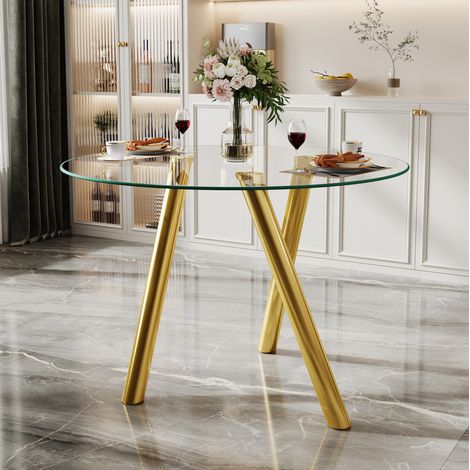 CHICFURN Tavolo da pranzo rotondo 89x89x76 cm in vetro temperato e metallo dorato (1/5)