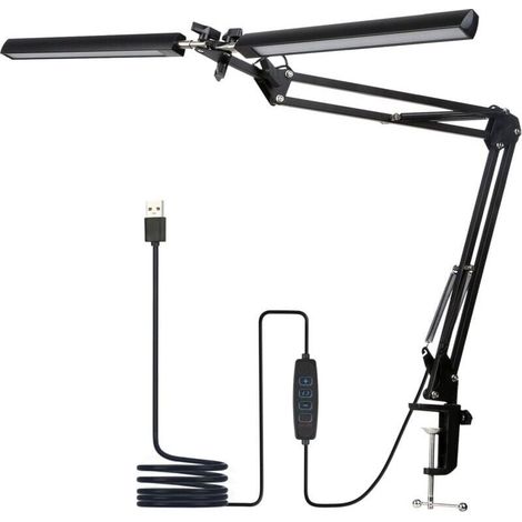 LED-Schreibtischlampe, Doppelkopf-Schreibtischlampe, 5 Farbmodi, 5 Helligkeitsstufen, flexibler Schwanenhals und platzsparende Klemmleuchte, Tischlampe, Schwarz (1/4)