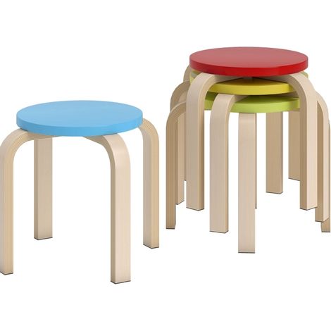 4 Tabourets empilables en contreplaqué de bouleau avec patins en feutre, couleurs vives, 36x36x30 cm (1/5)