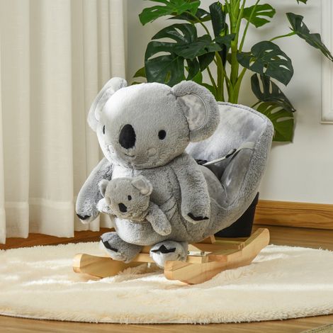 Cheval à bascule Bois Gris koala peluche rembourré avec sons ceinture sécurité et base 60x33x50 cm