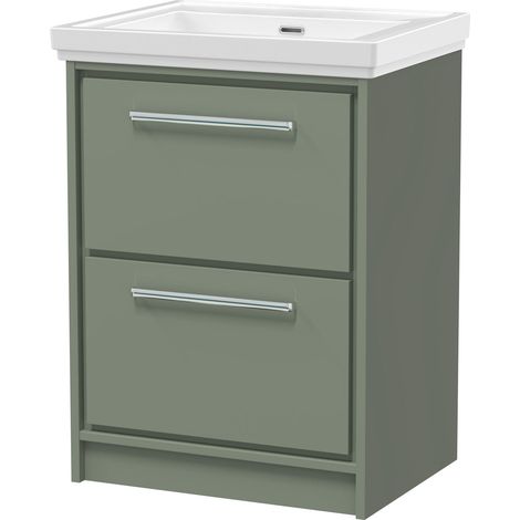 Balterley Longnor Modern Floor Standing 2-Drawer Bathroom Vanity with Fireclay Basin, Fern Green, 600mm