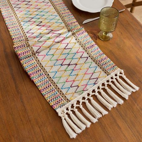Grille colorée 30x180cm Chemin de table en coton et lin à blocs de couleur, orné de pompons ajourés noués, longue nappe décorative pour meuble TV de salon, table basse, set de table. (1/5)