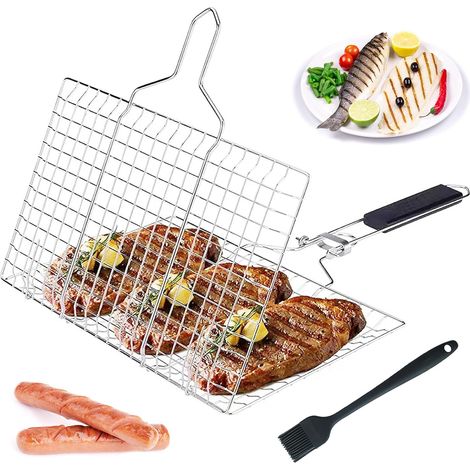 PNOOFR Panier Grille pour Barbecue, Grille Barbecue, Plat Cuisson Barbecue en Acier Inoxydable avec poignée, Support de Barbecue Portable pour l'extérieur avec Brosse à Badigeonner