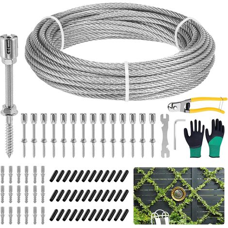 30M Tuteur pour Plantes Grimpantes, Câble en Acier Inoxydable T316 SUS 3mm, Kit Complet avec Coupe-Fil, Gants Résistants à l’Abrasion et Accessoires de Treillis pour vignes et Fleurs (1/5)