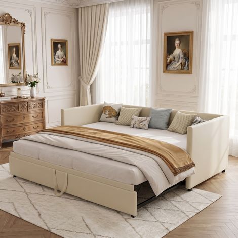 Lit gigogne 90/180x200 cm - lit banquette extensible 2-en-1 - canapé- avec sommier à lattes - moderne - velours doux - beige