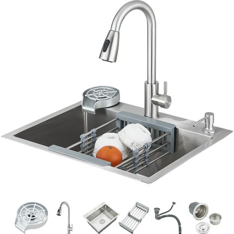Évier de cuisine en acier inoxydable 60 x 45 cm avec 1 bac avec siphon Couleur acier inoxydable (1/5)