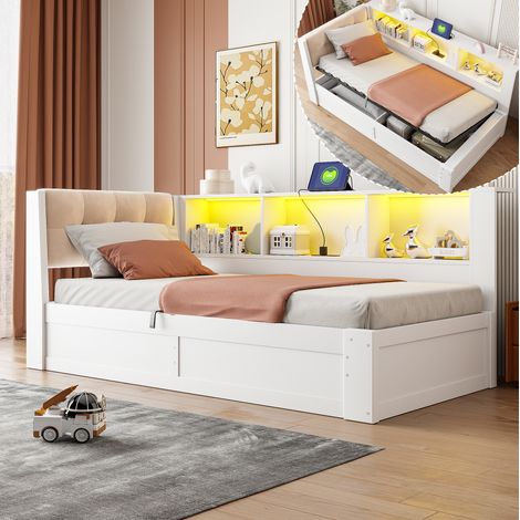 Lit banquette 90x200 cm blanc avec coffre hydraulique, USB, LED et étagère latérale (1/5)