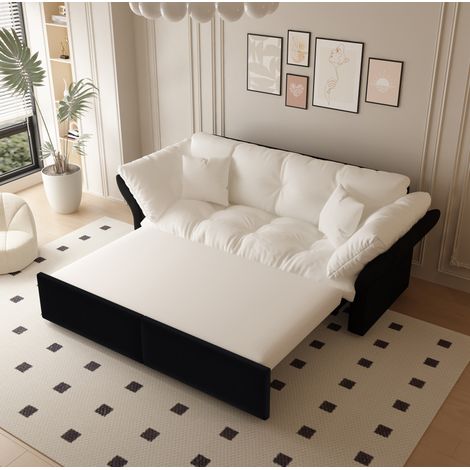 Canapé lit convertible velours beige 190 cm HAVRYA (1/5)