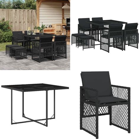 vidaXL 9-tlg. Garten-Essgruppe mit Kissen Schwarz Poly Rattan (1/5)