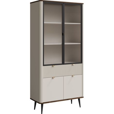 Étagère Lufela 101, Cachemire + Noyer, Fermé, Avec tiroirs, Avec des portes, Stratifié, Verre trempé, MDF, Le nombre de portes: 4, Nombre de tiroirs: 1, 191x90x40cm (1/4)