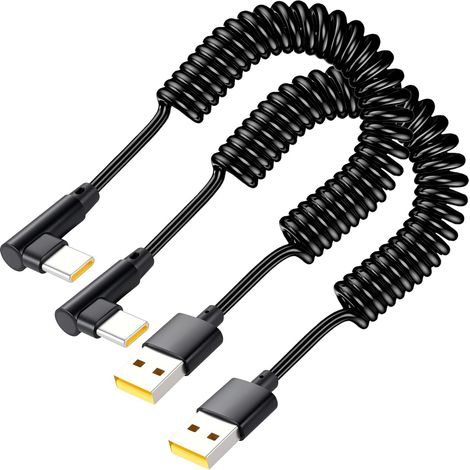 Packung mit 2 rechtwinkligen Spiralkabeln, 0,4 bis 1 m, USB-A auf USB-C 90° für Android Auto & CarPlay, kompatibel mit iPhone 16/15, Galaxy S25/S24/S23/S22, Tablets und USB-C-Geräten