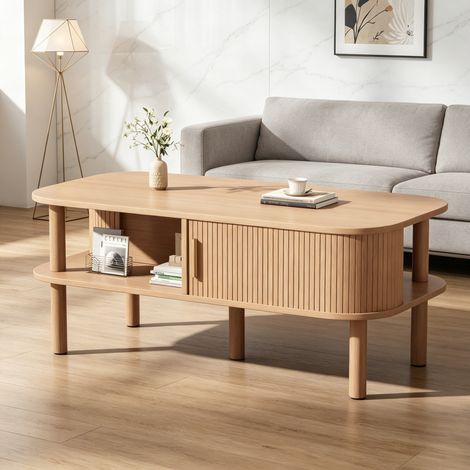 Table basse scandinave 110x55x45 cm effet bois naturel avec porte coulissante rainurée et rangement 2 niveaux (1/5)