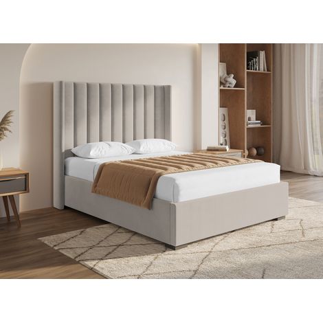 Deco In Paris – Lit coffre en velours taupe 140x190 cm – Tête de lit matelassée – Grand coffre de rangement intégré – Panneau MDF robuste