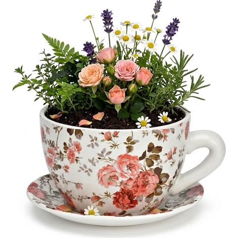 Vase ou pot de fleurs en forme de tasse roses 15 x 20 cm (1/3)