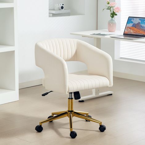 Sedia da ufficio con ruote, rivestimento effetto velluto, altezza regolabile, funzione di inclinazione, colore bianco crema. (1/5)