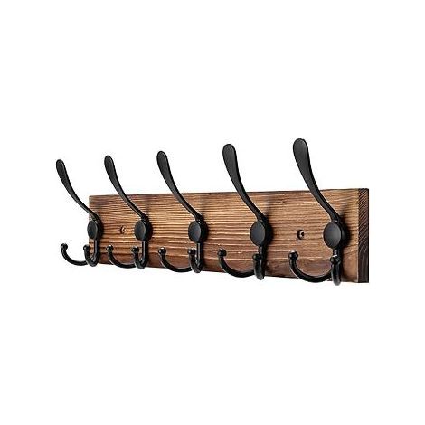 Porte Manteau Mural Bois - 5 Crochets Triples en Noir - 43 cm - Patere Murale pour une Entrée, Chambre, Salle de Bain et Vestiaire (1/5)