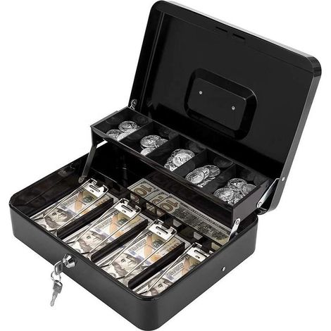 Coffre-fort métallique noir avec cadenas, grande tirelire sécurisée pour billets et pièces, boîte à monnaie verrouillable, cassette de rangement robuste, nouveau modèle. (1/2)