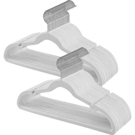 Cintres en velours, Lot de 50, Antidérapants, Barre pour pantalons, Crochet pivotant à 360°, Épaisseur de 0,6 cm, Longueur de 43 cm, Blanc (1/5)