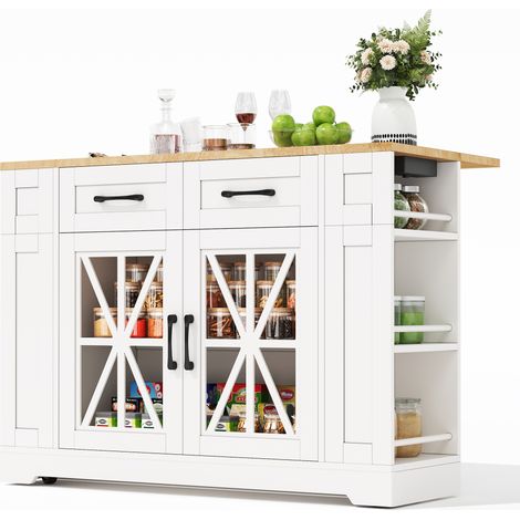 ELVMI Carro de Cocina con 2 Puertas de Cristal, Cajones, 6 Estantes, Enchufes y Ruedas, de MDF, Blanco Natural (1/5)