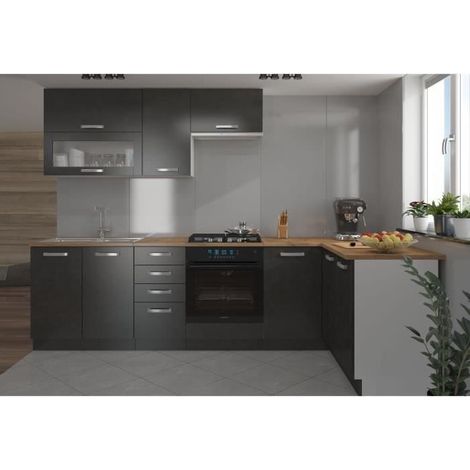 Cuisine complète d'angle 240x165 cm – Plan de travail stratifié – Panneaux mélaminés 16mm – Chants PVC 2mm – Coloris béton foncé (1/6)