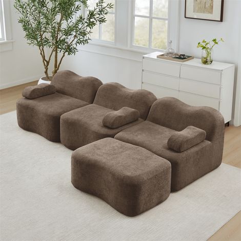 Canapé Modulaire en L 3 Places avec 1 Ottoman - 288x167x70cm - Mousse 32D Haute Densité et Design Ondulé en Velours - Marron (1/5)