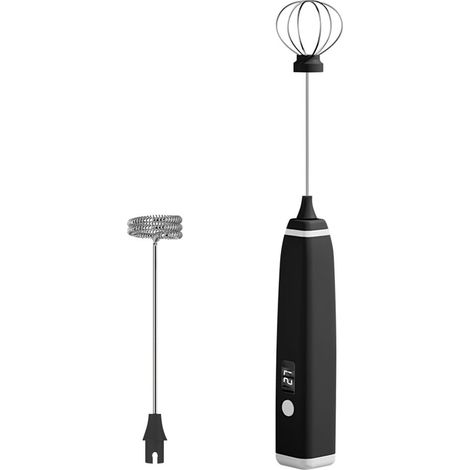 Mousseur à lait rechargeable, idéal pour préparer des boissons et battre des œufs — Noir — Livré avec deux têtes de mélange — Écran numérique