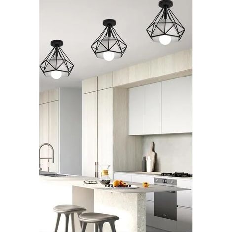 3PCS Plafonnier Industrielle en Métal Noir Lustre Plafonnier en Cage Diamant Style Vintage pour Salon Chambre (1/4)
