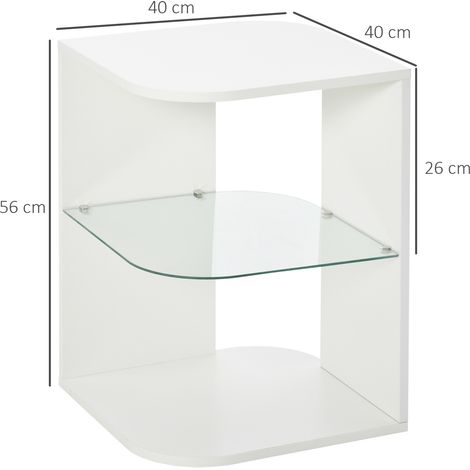 HOMCOM Moderner Beistelltisch für Wohnzimmer, Nachttisch mit 3 Ablagen, Glasplatte, Couchtisch für Wohn- und Schlafzimmer, 40 x 40 x 56 cm, Weiß