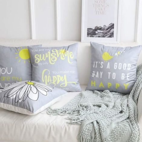 Lot de 4 Housse de Coussin de Canapé Polyester Impression Heureux Soleil Decoration Maison Chambre Lit Taie d'oreiller 45X45cm (1/4)