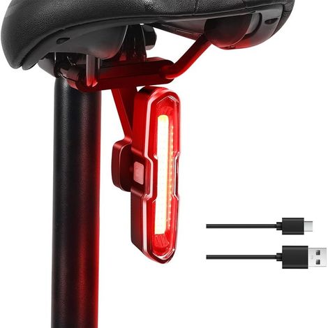 Feu Arriere Velo Puissante 110 Lumen - Eclairage Velo 5 Modes Rouge/Bleu, Rechargeable USB-C, Supports à Dégagement Rapide pour Selle & Tige de Selle, Lumiere Velo Arriere (1/5)