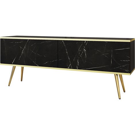 Meuble TV, Noir, pieds Or, 135 x 32 x 53 cm, Push to Open (1/5)