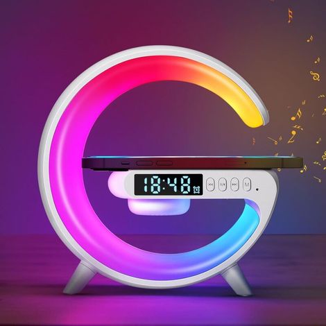 Lampe de chevet LED – 1 unité – ABS blanc – recharge sans fil & Bluetooth – pour chambre et bureau – 15 x 6 x 15 cm (1/5)