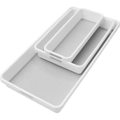 Lot de 3 organiseurs de tiroir Polyvalents pour Bureau et Salle de Bain, Organiseur pour Couverts, éplucheurs, spatules, revêtement antidérapant, résistant et Facile à Laver, Blanc (1/5)