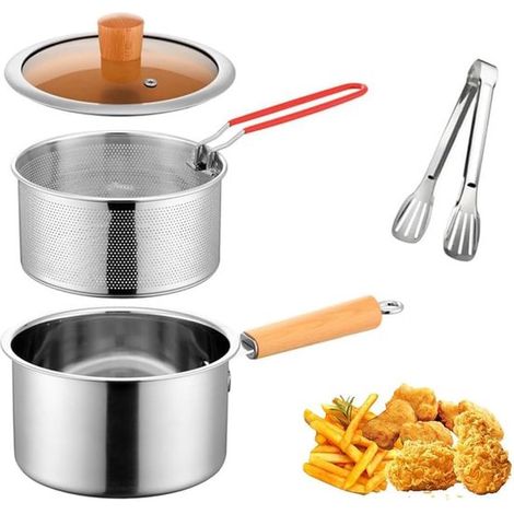 Petite friteuse en acier inoxydable avec panier - Compacte avec couvercle - Casserole pour cuisinière - Pour ailes de poulet, frites et fruits de mer