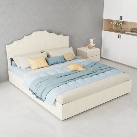 Letto matrimoniale 200x160x133 cm, testiera geometrica con borchie, rete a doghe, tessuto e metallo beige (1/5)