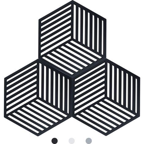 Lot de 3 Dessous de Plats Kitchen Pot Coaster de Protection en Silicone (Noir, Raya Hexagonal: 160x138x8mm) (1/5)