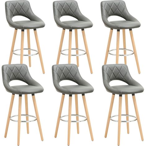 WOLTU Set di 6 sgabelli da bar, similpelle e legno massello con schienale e poggiapiedi, 43x43x91cm, grigio