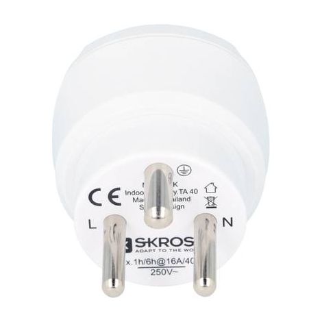 Adaptador de viaje con conexion a tierra skross de europa a dinamarca 16 a 100 250 v - blanco