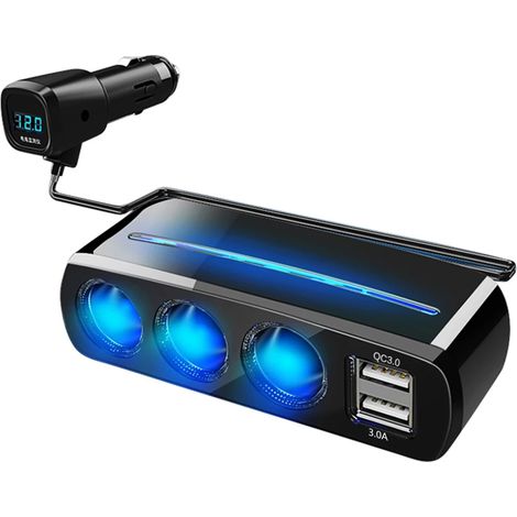 Adaptateur de chargeur de voiture 4 en 1 avec affichage de la tension, charge rapide, répartiteur de charge, 3 prises avec USB pour voiture