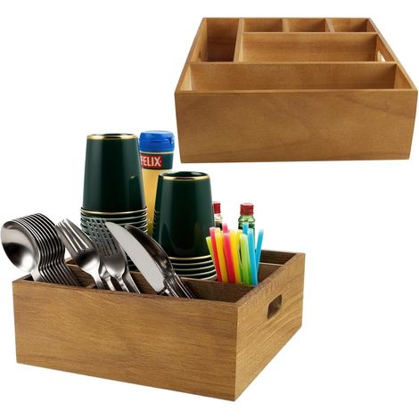 2-Piece Kitchen Cutlery Holder Acacia Wood 5 Compartments (1/5)