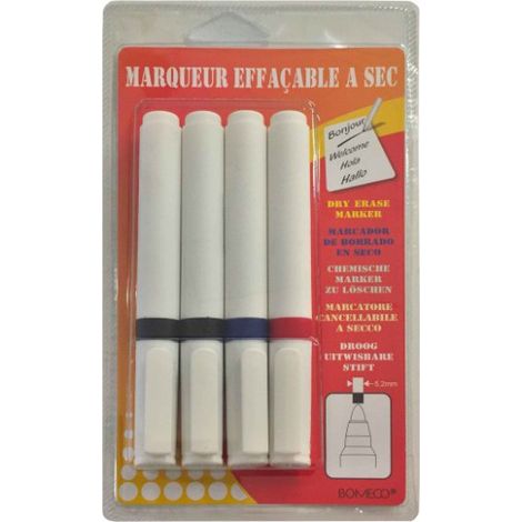 Marqueurs effaçables à sec assortis pointe 5,2 mm. Blister de 4 : 1 rouge, 1 bleu, 2 noirs (1/2)