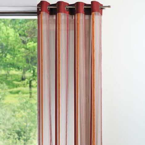 Voilage organza à rayures verticales et parement Rouge Orangé 140x260 cm