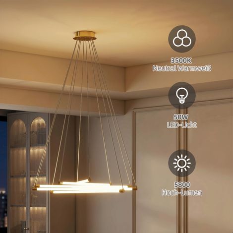 Plafonnier LED 50W, 5 tubes lumineux réglables, lampe de plafond adaptable pour salon, salle à manger, cuisine, Or+Blanc (1/5)
