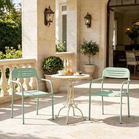 Ensemble de 2 chaises de jardin empilables en métal vert sauge (1/5)