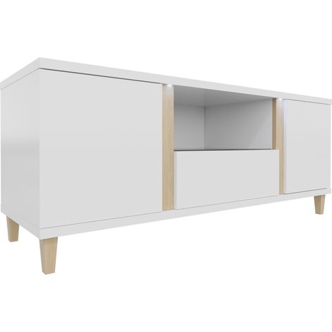 Mueble TV Florem, Blanco + Blanco brillante + Luminoso madera, Número de puertas: 3, Número de cajones: 0, 150x50x40cm, LED