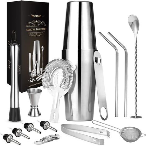 Set cocktail 15 pièces avec shaker 750 ml en acier inoxydable, accessoires de barman pour préparer cocktails, boissons et apéritifs à la maison ou au bar (1/5)