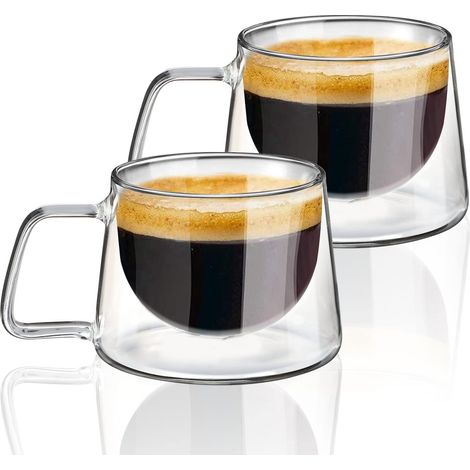 Double-walled coffee cups with handle, insulated set for latte, cappuccino and espresso
